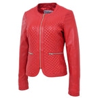 Womens Leather Collarless Jacket with Quilt Design Joan Red