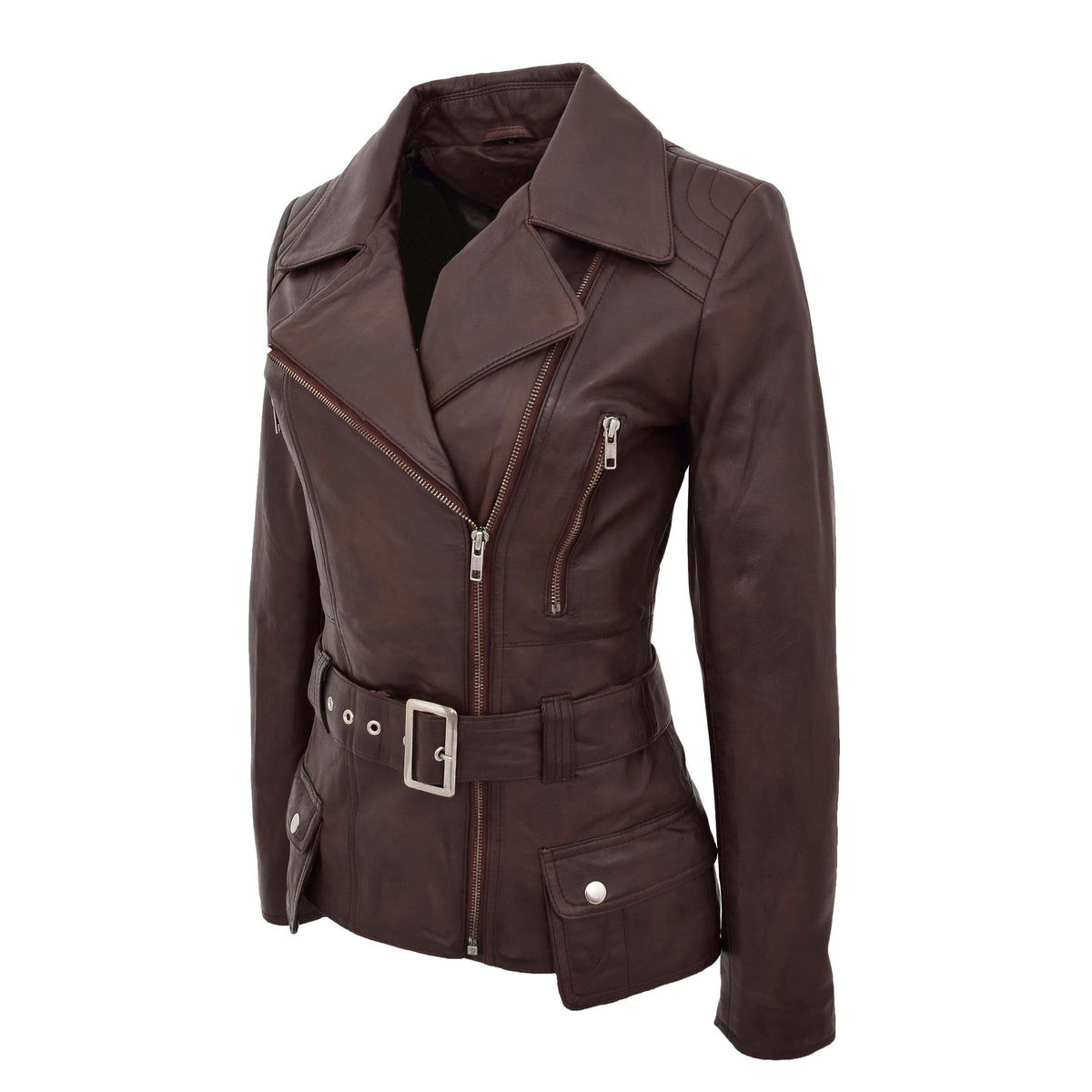 Womens Leather Hip Length Biker Jacket Celia Brown