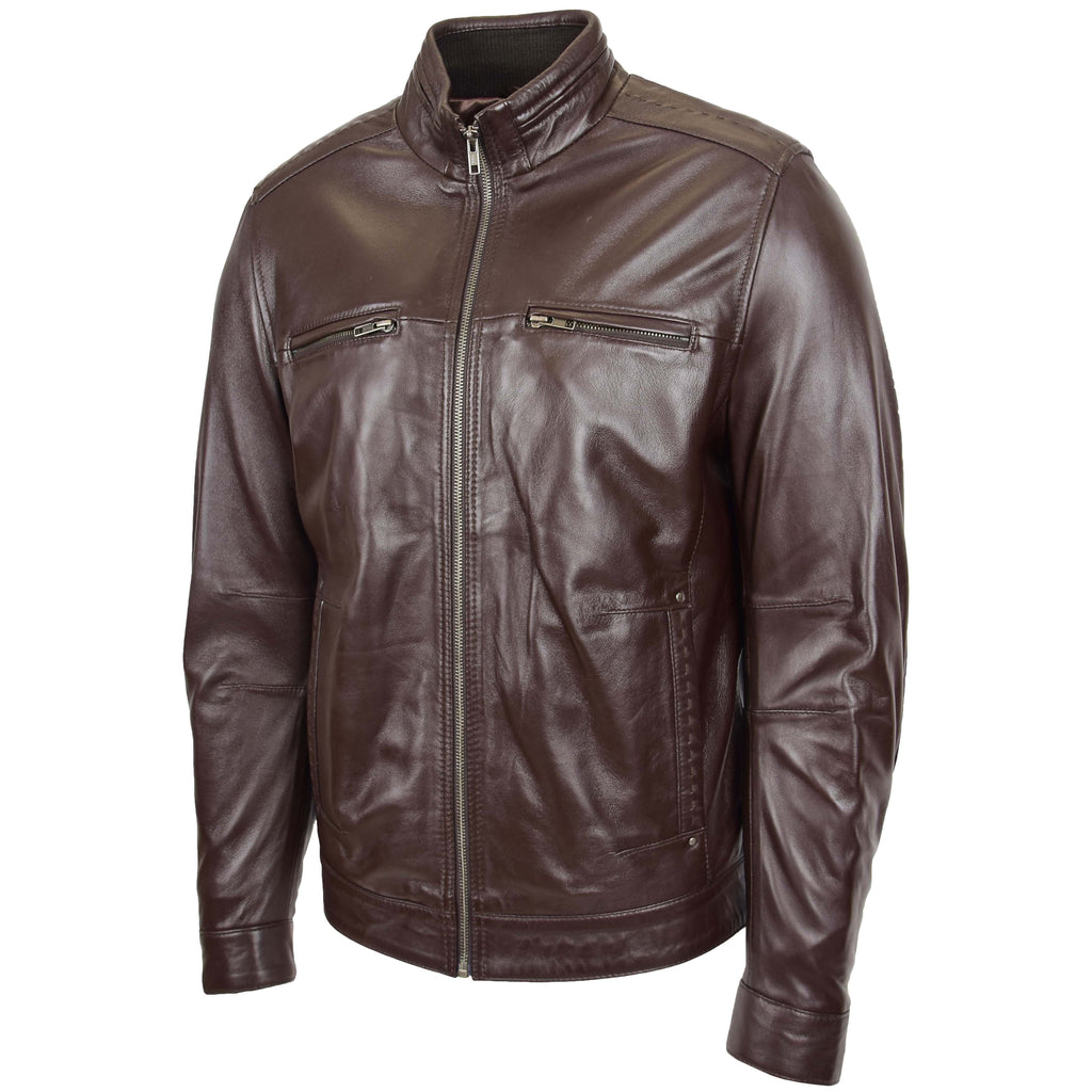 Men's Standing Collar Leather Jacket Tony Brown