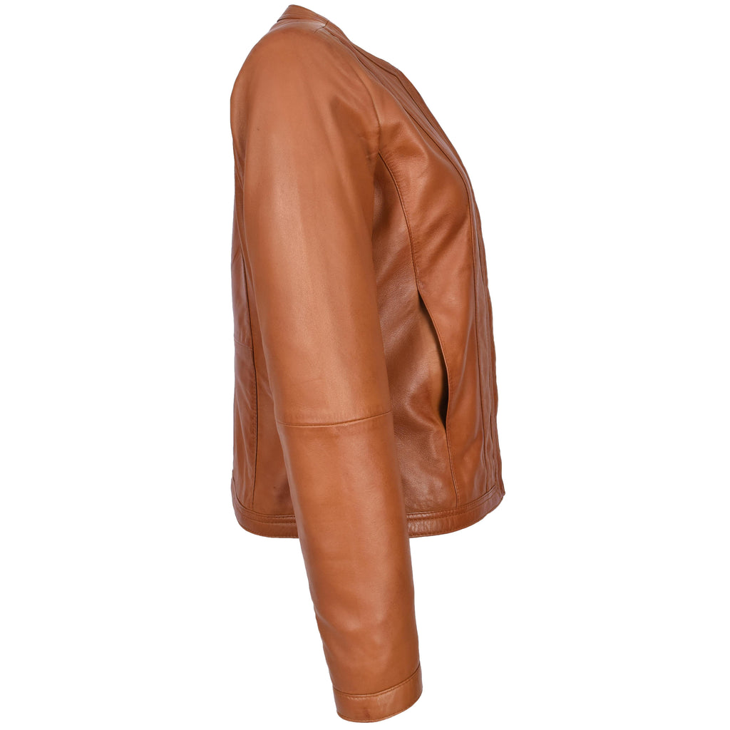 Womens Real Leather Collarless Fashion Jacket Slim Fit Style Clara Tan