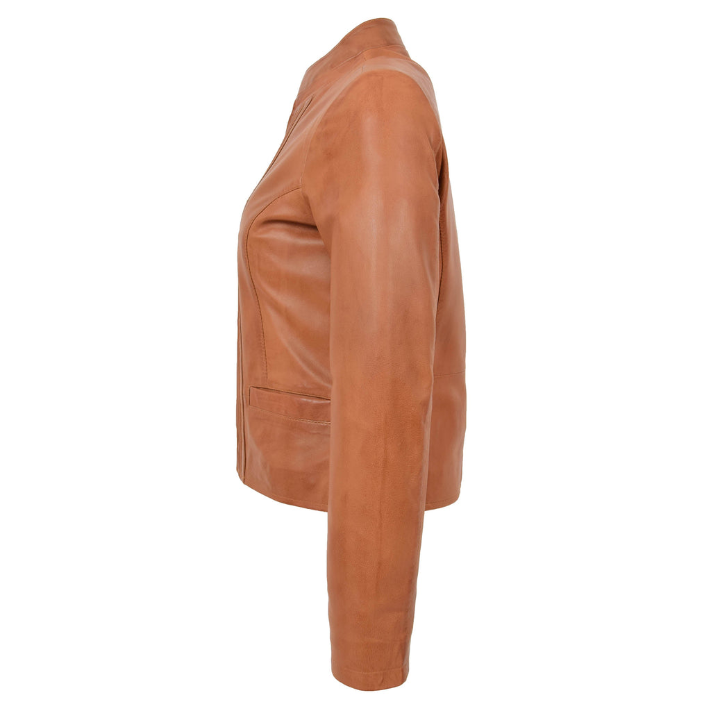 Womens Leather Casual Standing Collar Jacket Ivy Tan