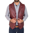 Mens Leather Buttoned Waistcoat Gilet Calvin Burgundy