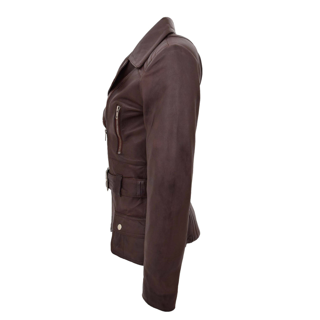 Womens Leather Hip Length Biker Jacket Celia Brown