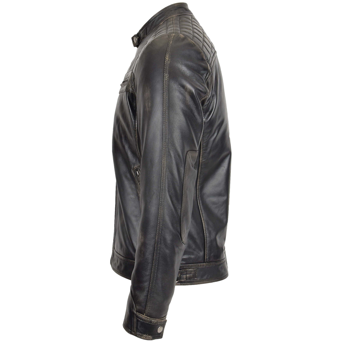 Mens Biker Leather Jacket Standing Collar Bowie Rub Off