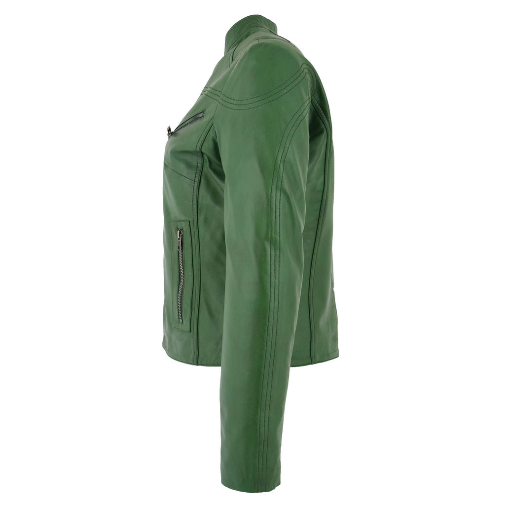 Womens Leather Standing Collar Jacket Becky Green