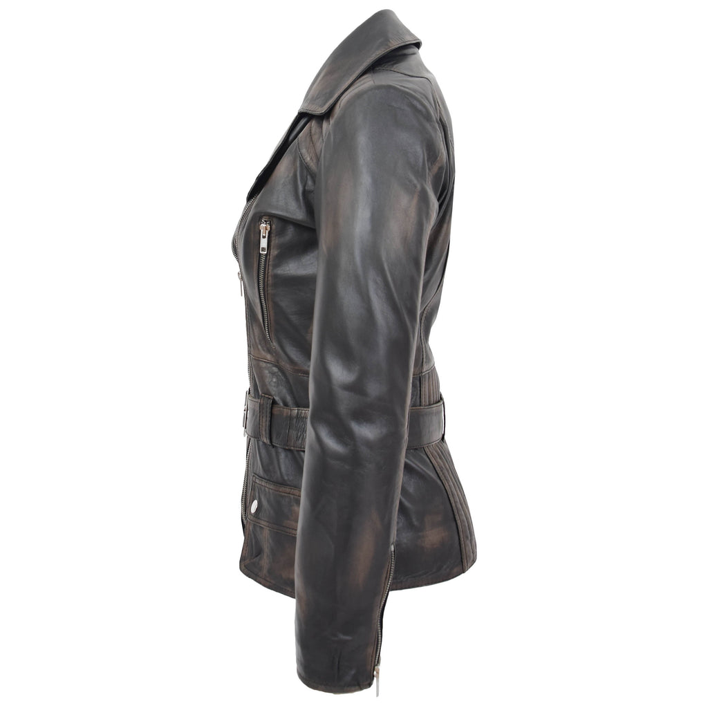 Womens Leather Hip Length Biker Jacket Celia Rub Off