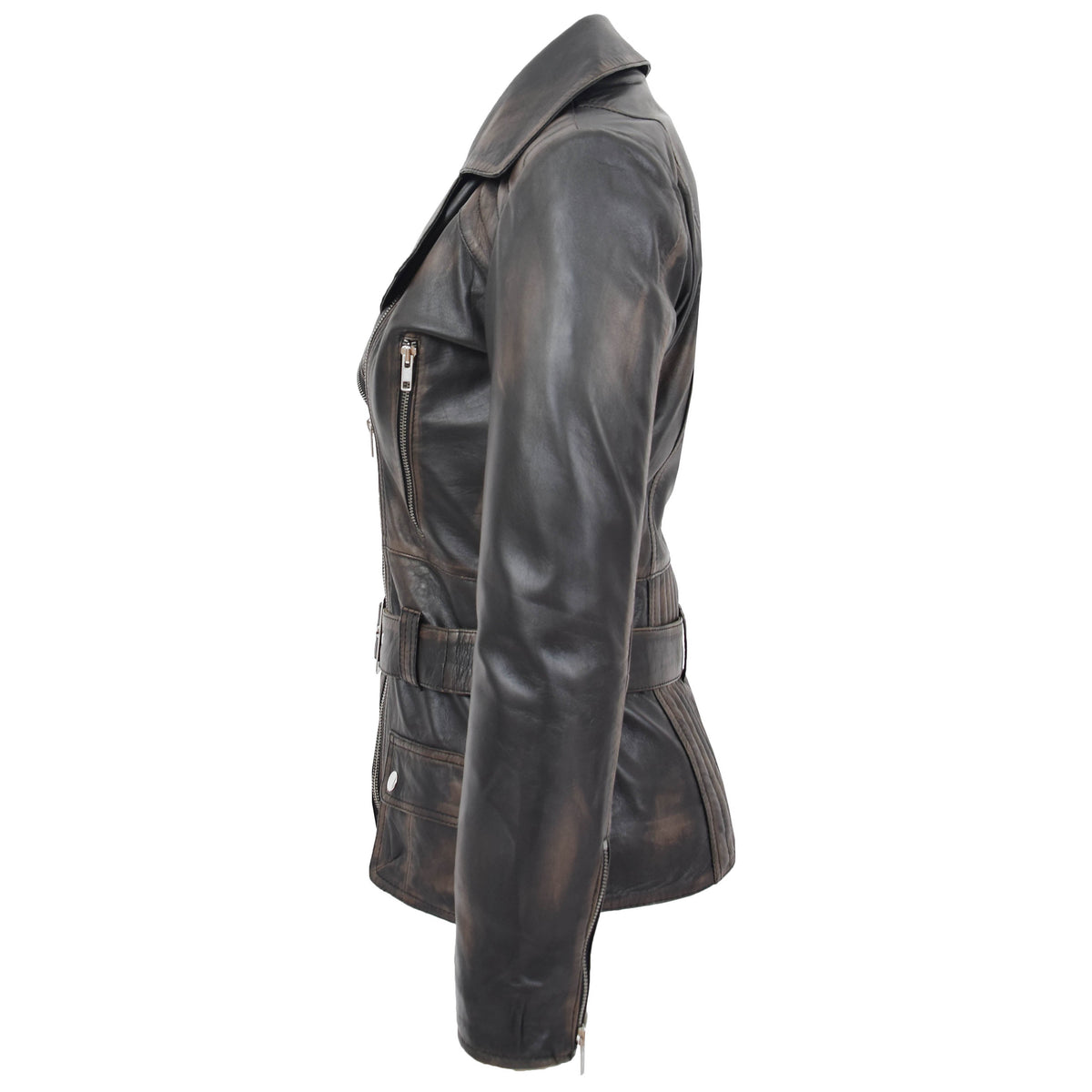 Womens Leather Hip Length Biker Jacket Celia Rub Off
