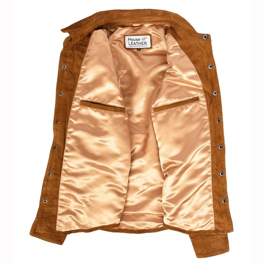 Mens Real Goat Suede Shirt Western Trucker Jacket Oliver Cognac