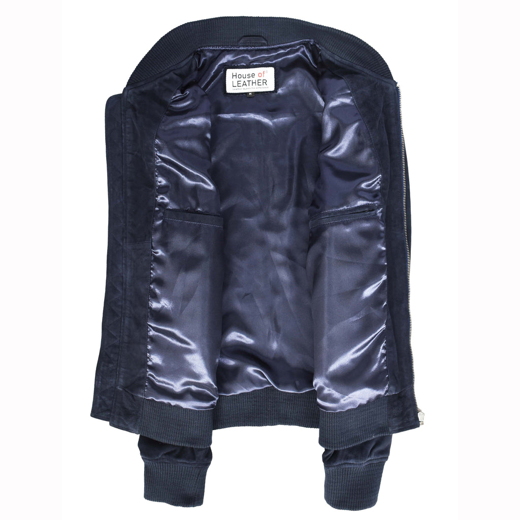Mens Real Goat Suede Bomber Jacket MA-1 Varsity Design Ryan Navy Blue