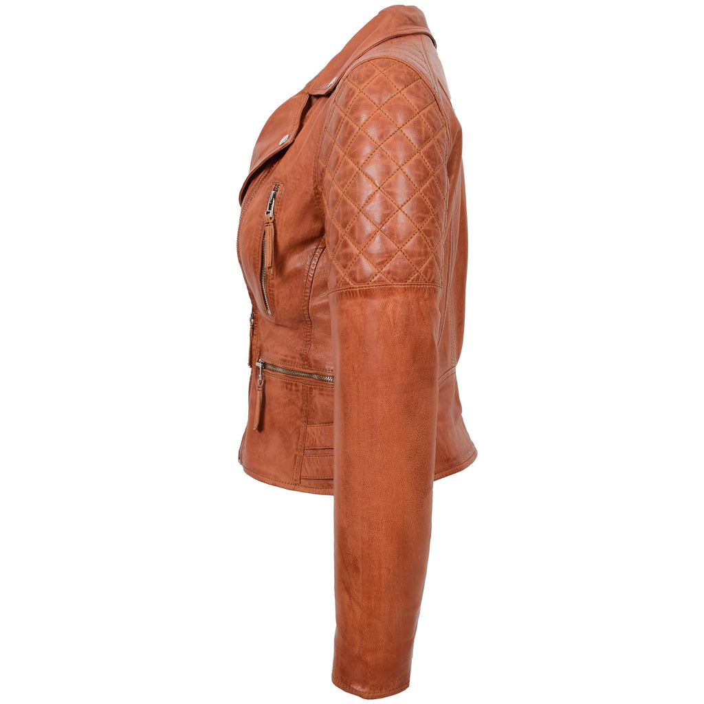 Womens Cross Zip Biker Leather Jacket Claudia Cognac