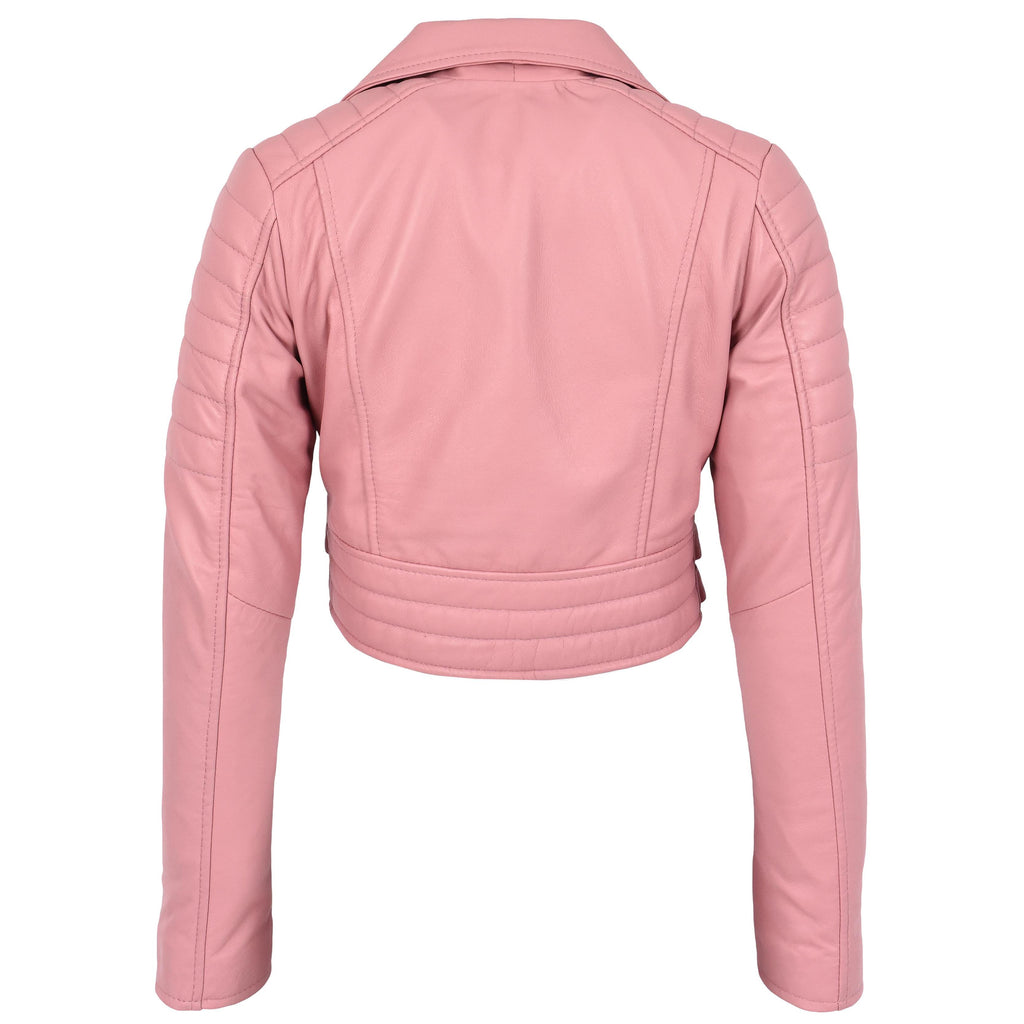 Womens Leather Cropped Biker Style Jacket Demi Baby Pink