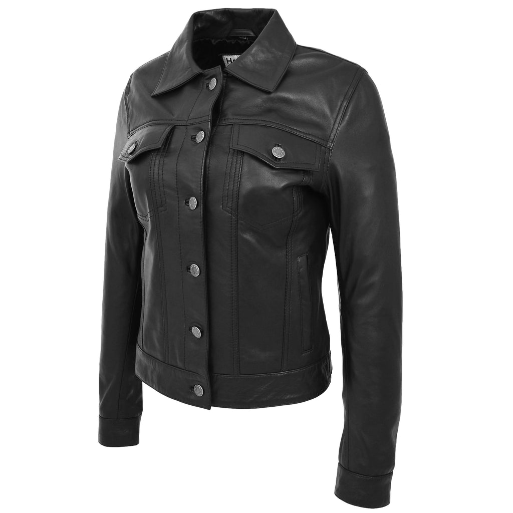 Womens Soft Leather Trucker Style Jacket Alma Black