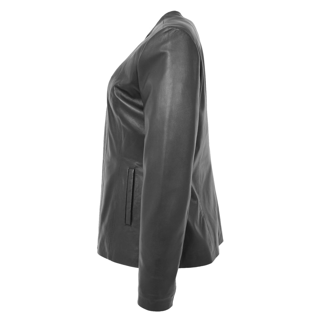 Womens Classic Soft Leather Collarless Jacket Jade Black