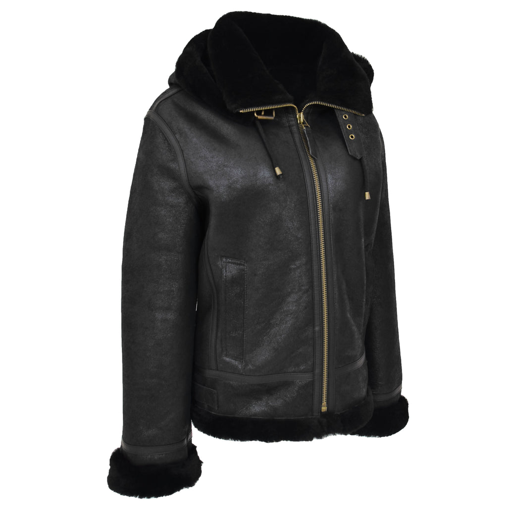 Womens Sheepskin B3 Detachable Hoodie Jacket Naomi Black