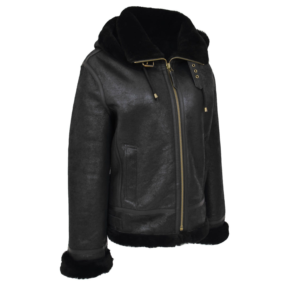 Womens Sheepskin B3 Detachable Hoodie Jacket Naomi Black