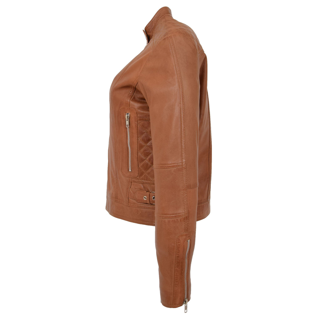 Womens Soft Leather Casual Zip Biker Jacket Ruby Tan