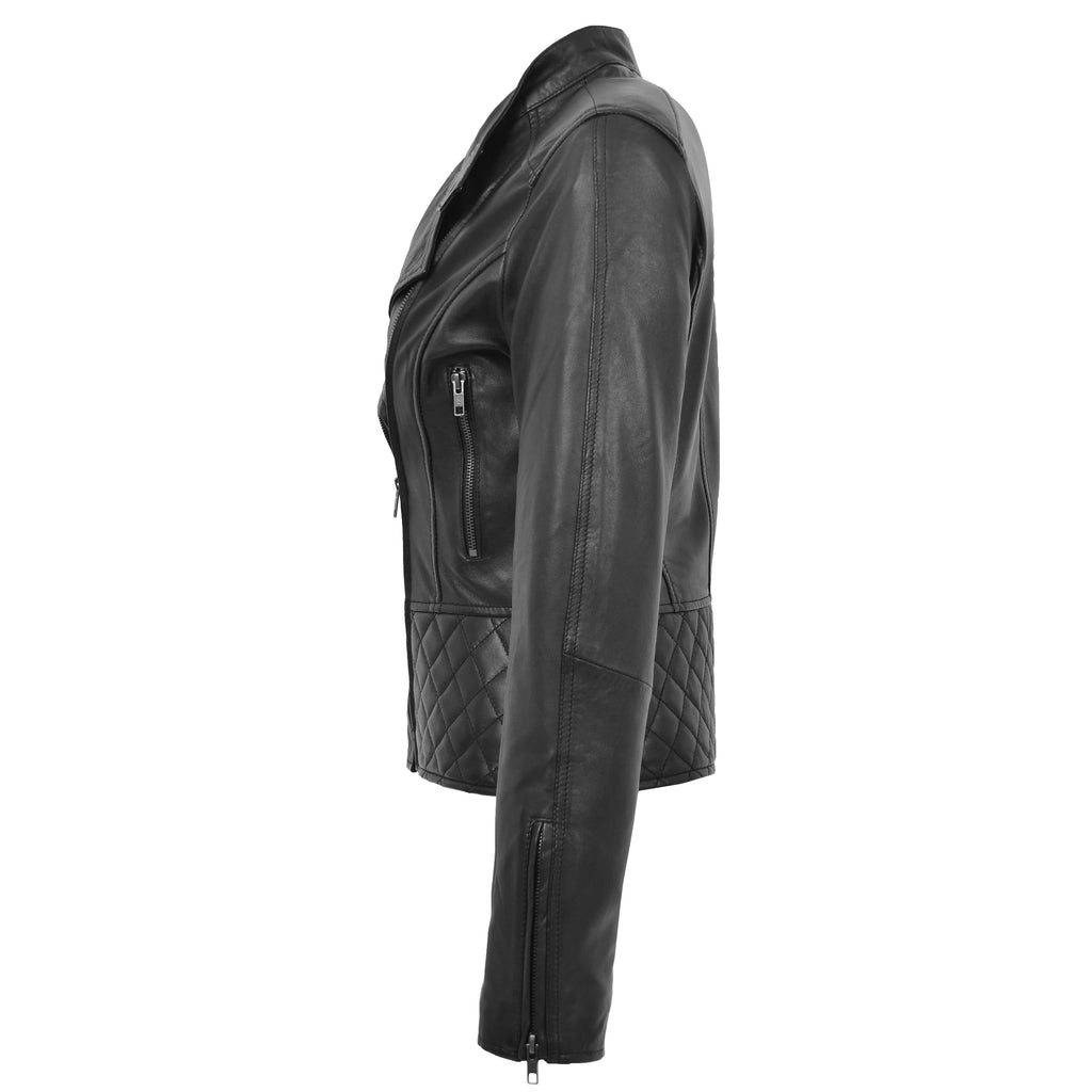 Womens Leather Stand-Up Collar Biker Jacket Laura Black