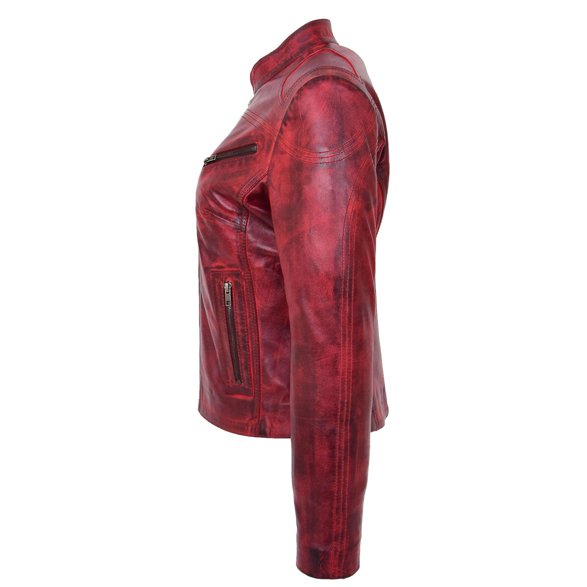 Womens Leather Standing Collar Jacket Becky Burnt Red