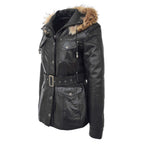 Womens Leather Coat with Detachable Hoodie Daisy Black