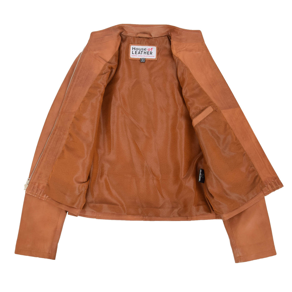 Womens Leather Casual Standing Collar Jacket Ivy Tan