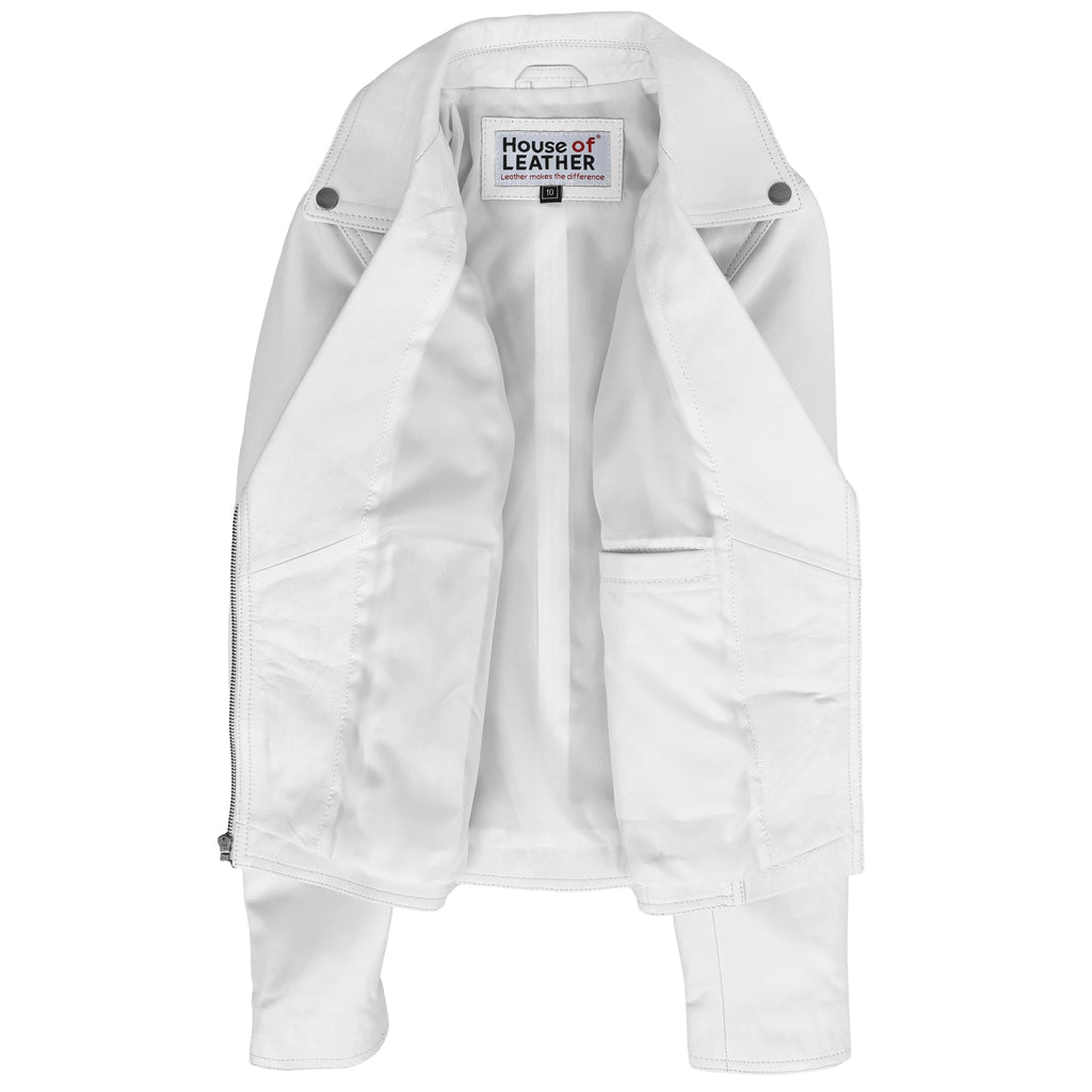 Womens Soft Leather Cross Zip Biker Jacket Lola White