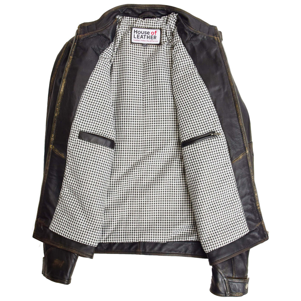 Mens Biker Leather Jacket Standing Collar Bowie Rub Off
