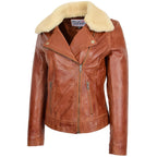 Womens Leather Biker Jacket with Detachable Collar Lauren Chestnut
