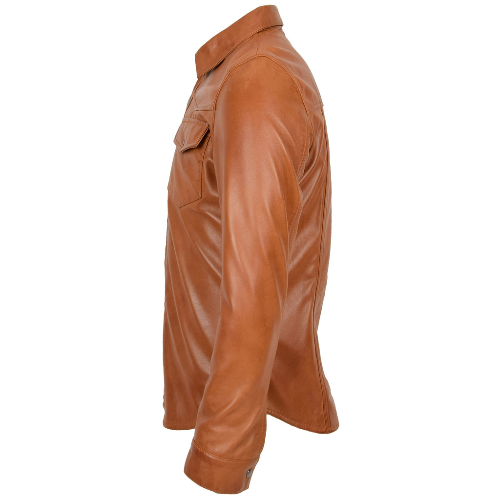 Mens Leather Shirt Classic Trucker Style Oliver Tan