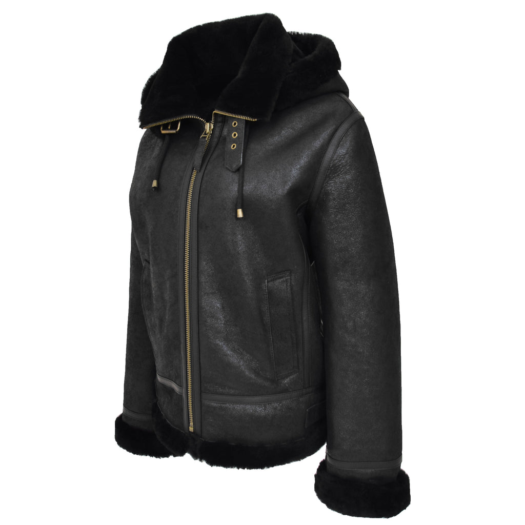 Womens Sheepskin B3 Detachable Hoodie Jacket Naomi Black