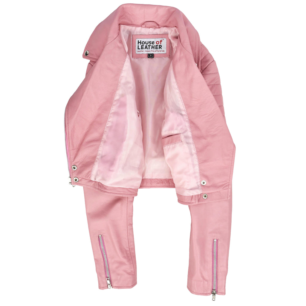 Womens Leather Cropped Biker Style Jacket Demi Baby Pink
