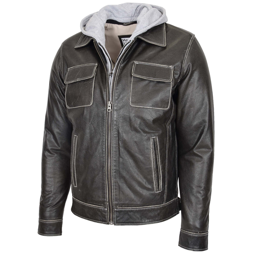 Mens Leather Detachable Hoodie Work Jacket Cypher Grey
