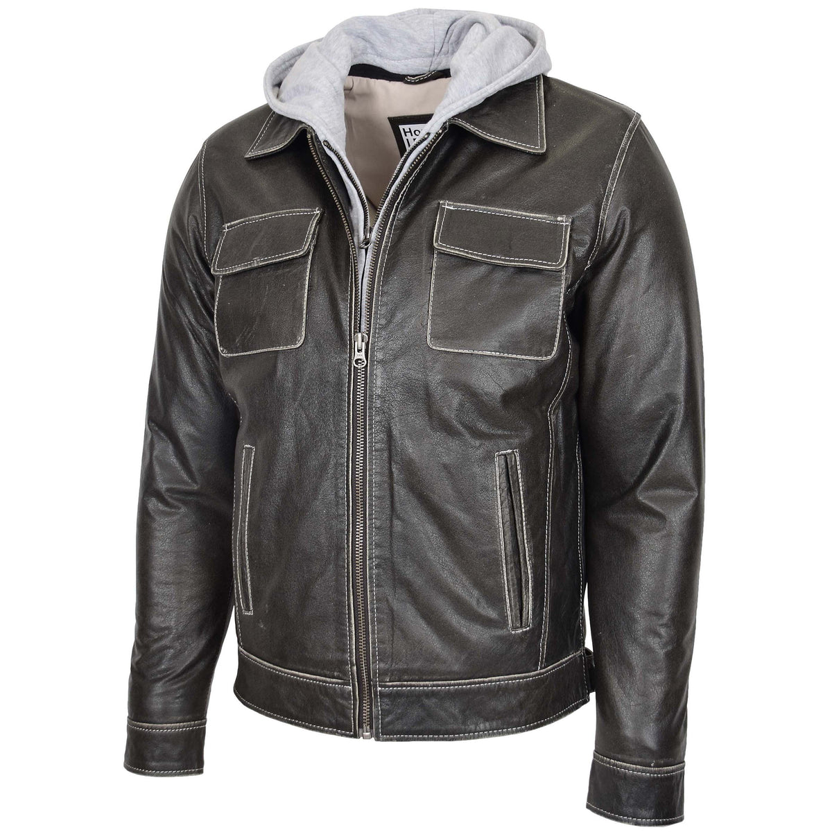Mens Leather Detachable Hoodie Work Jacket Cypher Grey