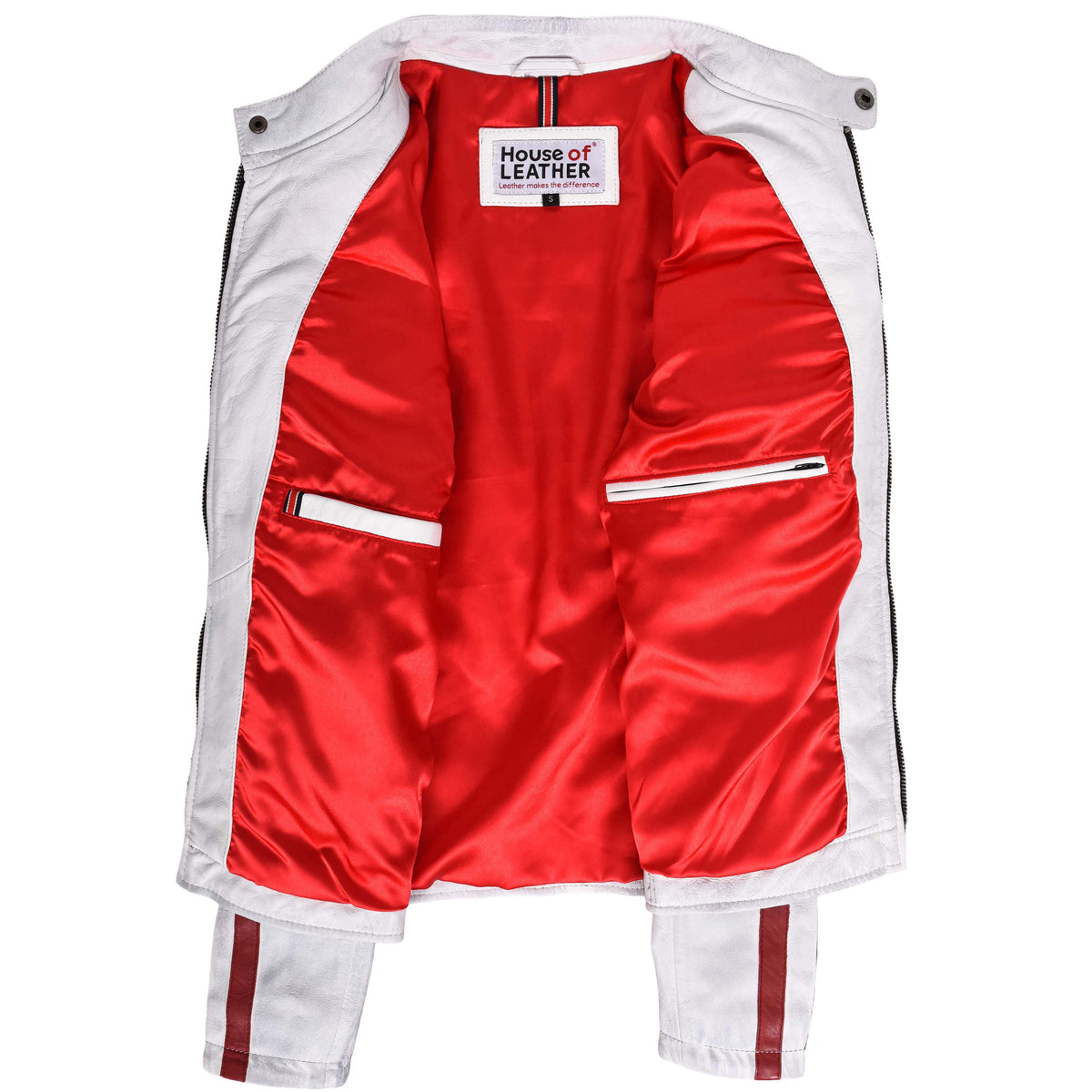 Mens Leather Biker Jacket Motorsport Logos Bobby Vintage White