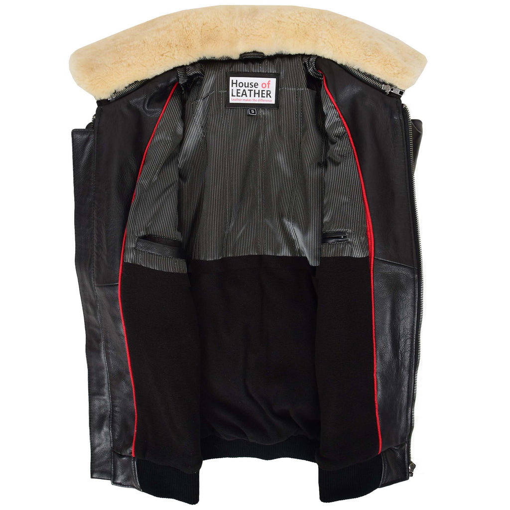 Mens Bomber Leather Jacket with Sheepskin Collar Viggo Black