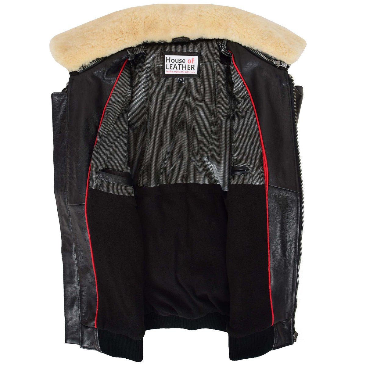Mens Bomber Leather Jacket with Sheepskin Collar Viggo Black