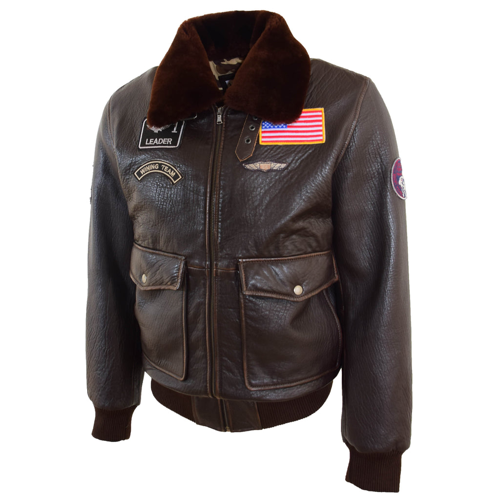 Mens Real Leather G-1 Bomber Jacket Airforce Badges Finch Brown