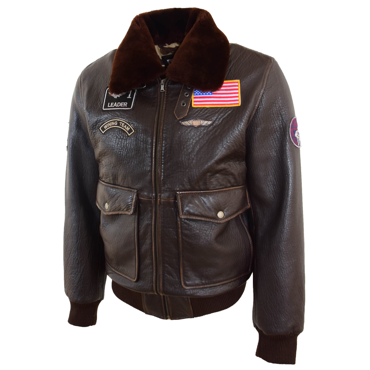 Mens Real Leather G-1 Bomber Jacket Airforce Badges Finch Brown