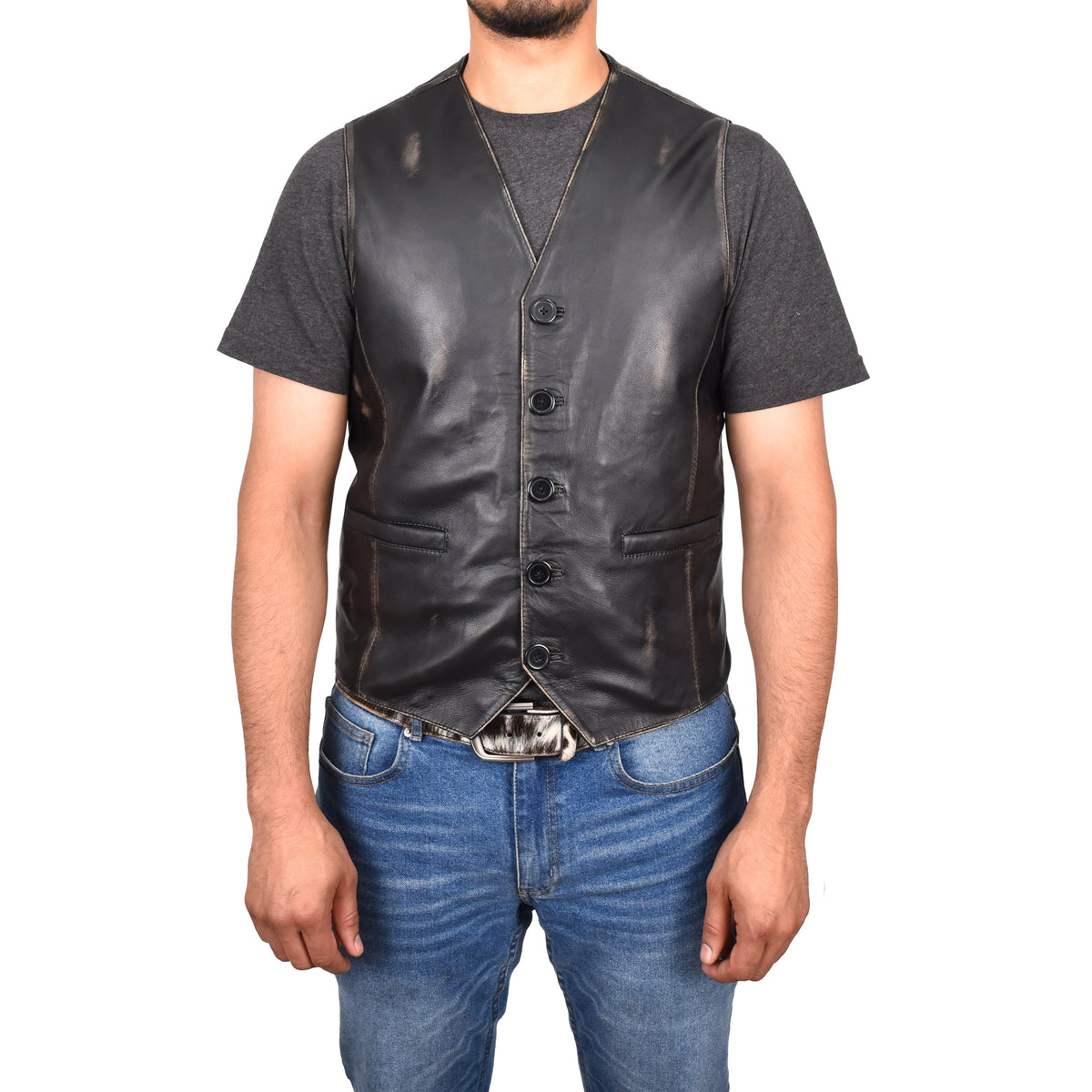 Mens Button Fastening Leather Waistcoat Nick Black Vintage