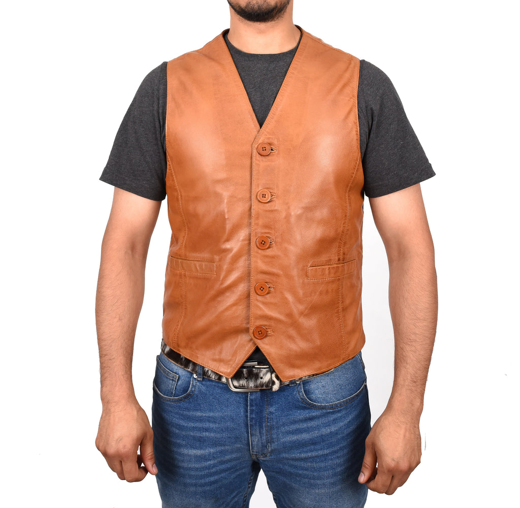 Mens Button Fastening Leather Waistcoat Nick Tan