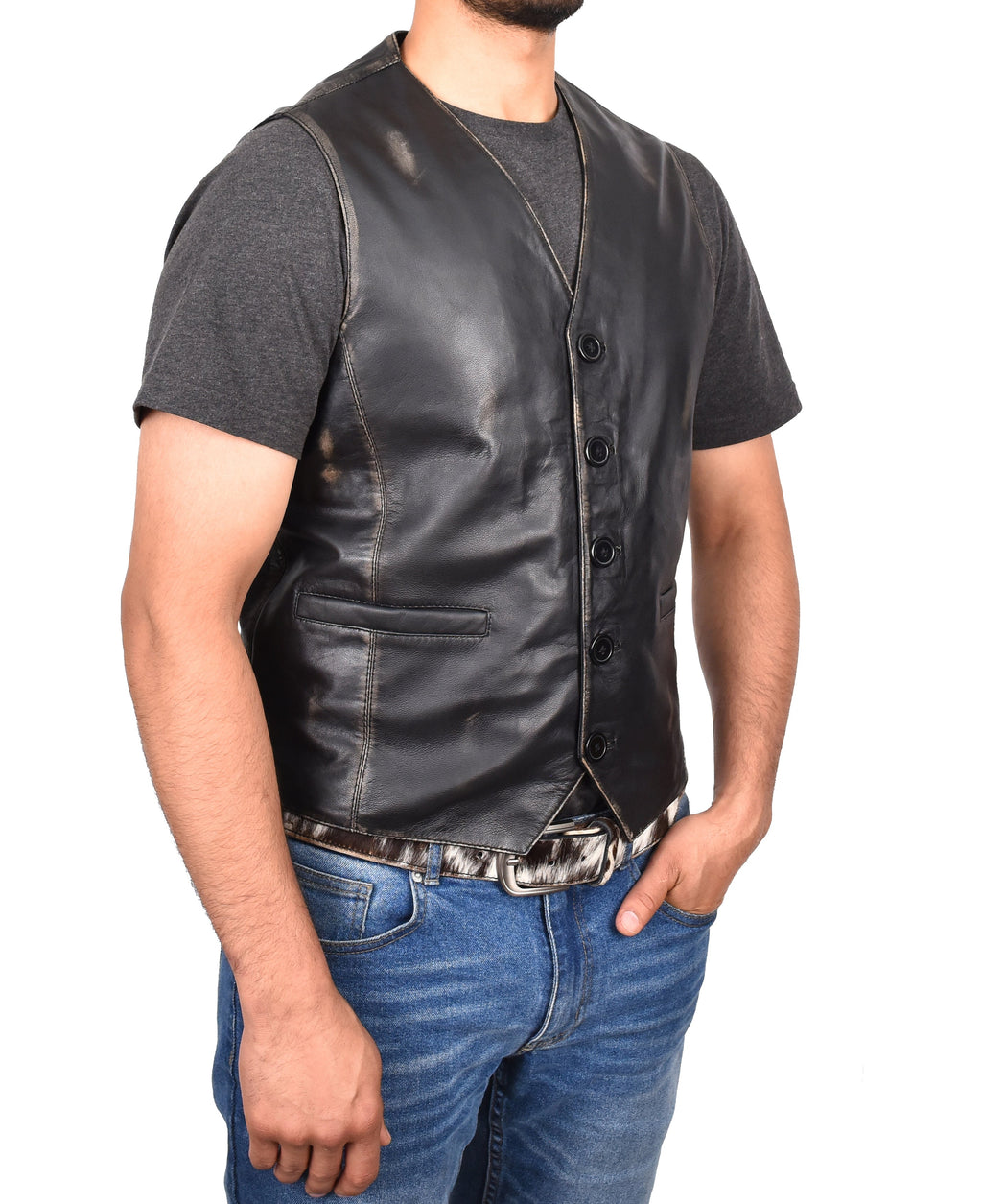 Mens Button Fastening Leather Waistcoat Nick Black Vintage