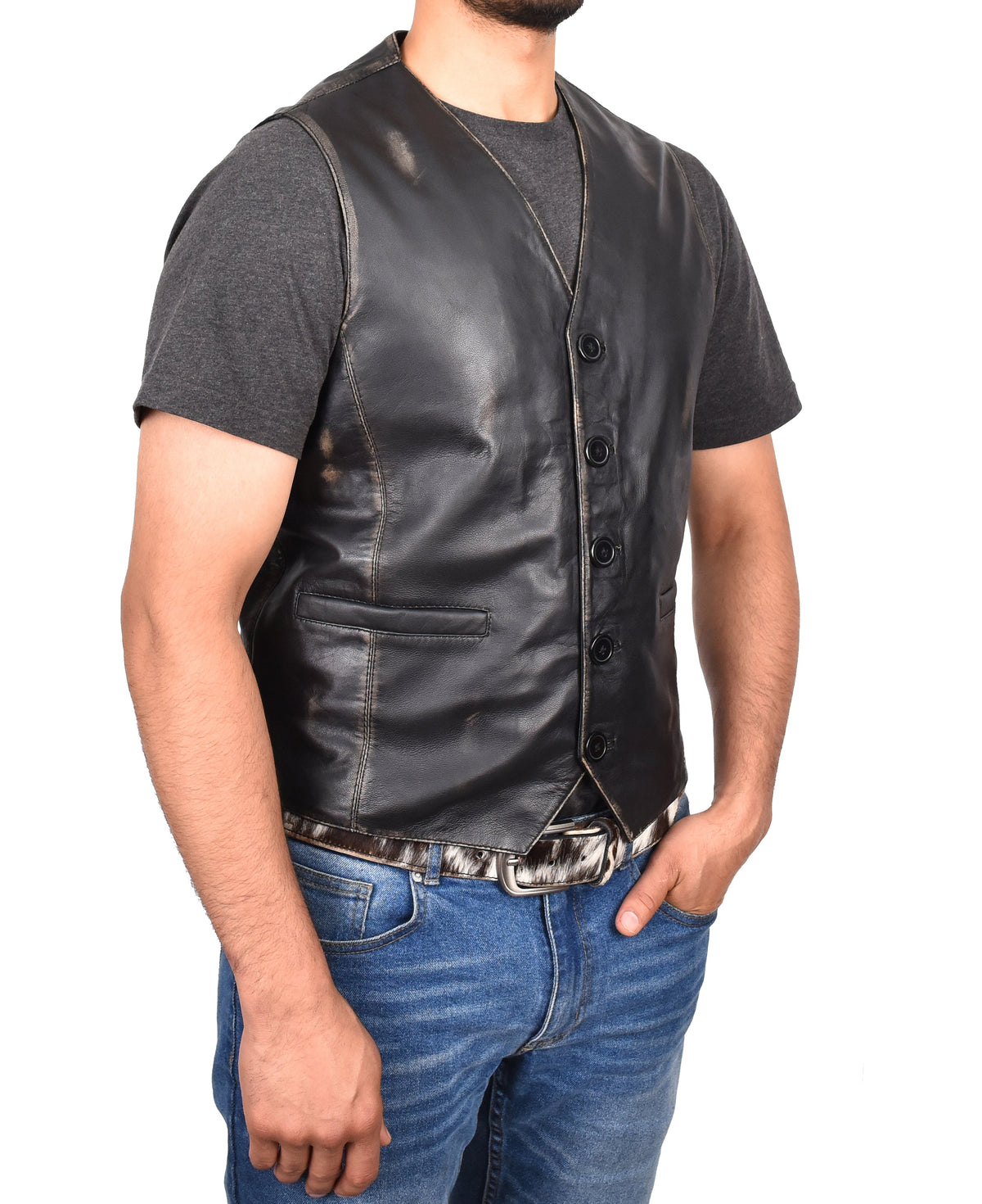 Mens Button Fastening Leather Waistcoat Nick Black Vintage