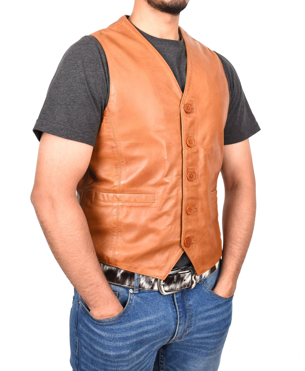 Mens Button Fastening Leather Waistcoat Nick Tan