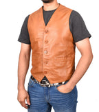 Mens Button Fastening Leather Waistcoat Nick Tan