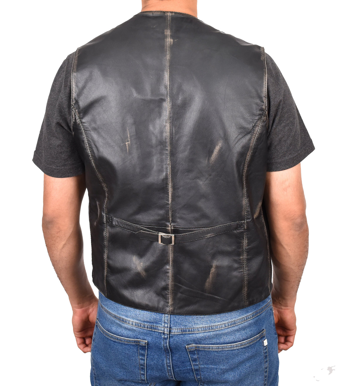 Mens Button Fastening Leather Waistcoat Nick Black Vintage