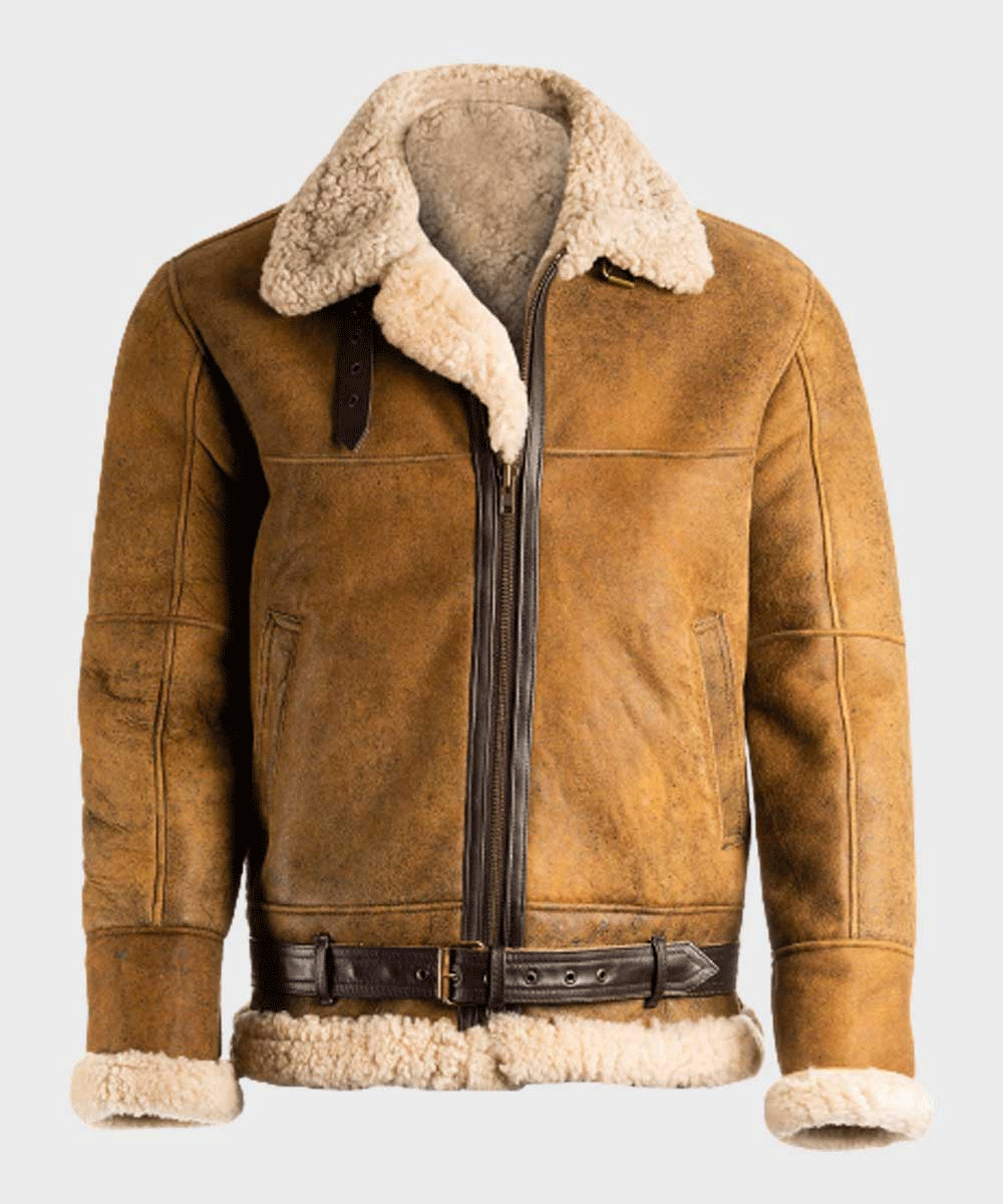 Aviator Men's Mustard-Brown Sheepskin Shearling B3 Leather Jacket