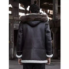 B3 Bomber Jacket Hooded Leather Jacket Shearling Coat Mens Brown