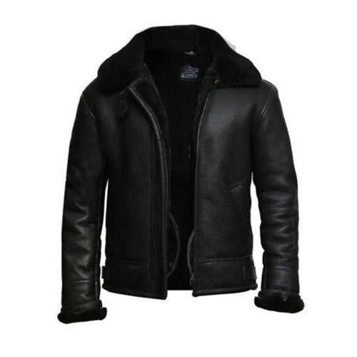 Black Aviator Fur Collar Genuine Leather Jacket