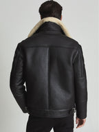 Men’s Black Sheepskin Shearling Aviator Biker Jacket