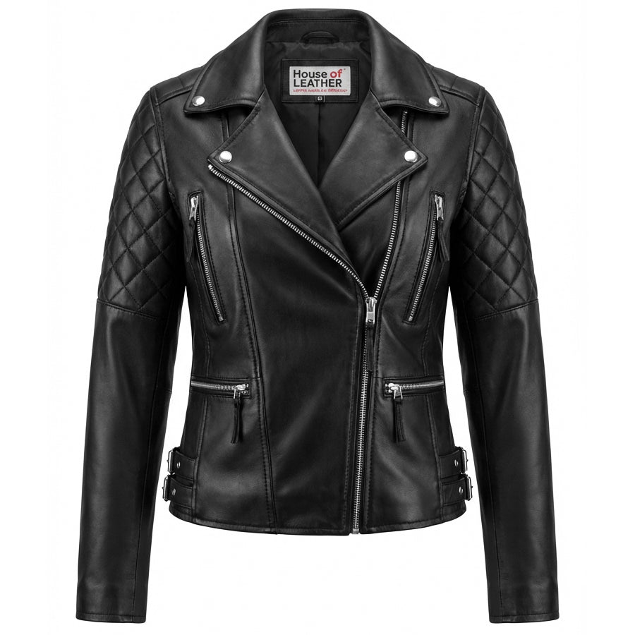 Womens Cross Zip Biker Leather Jacket Claudia Black