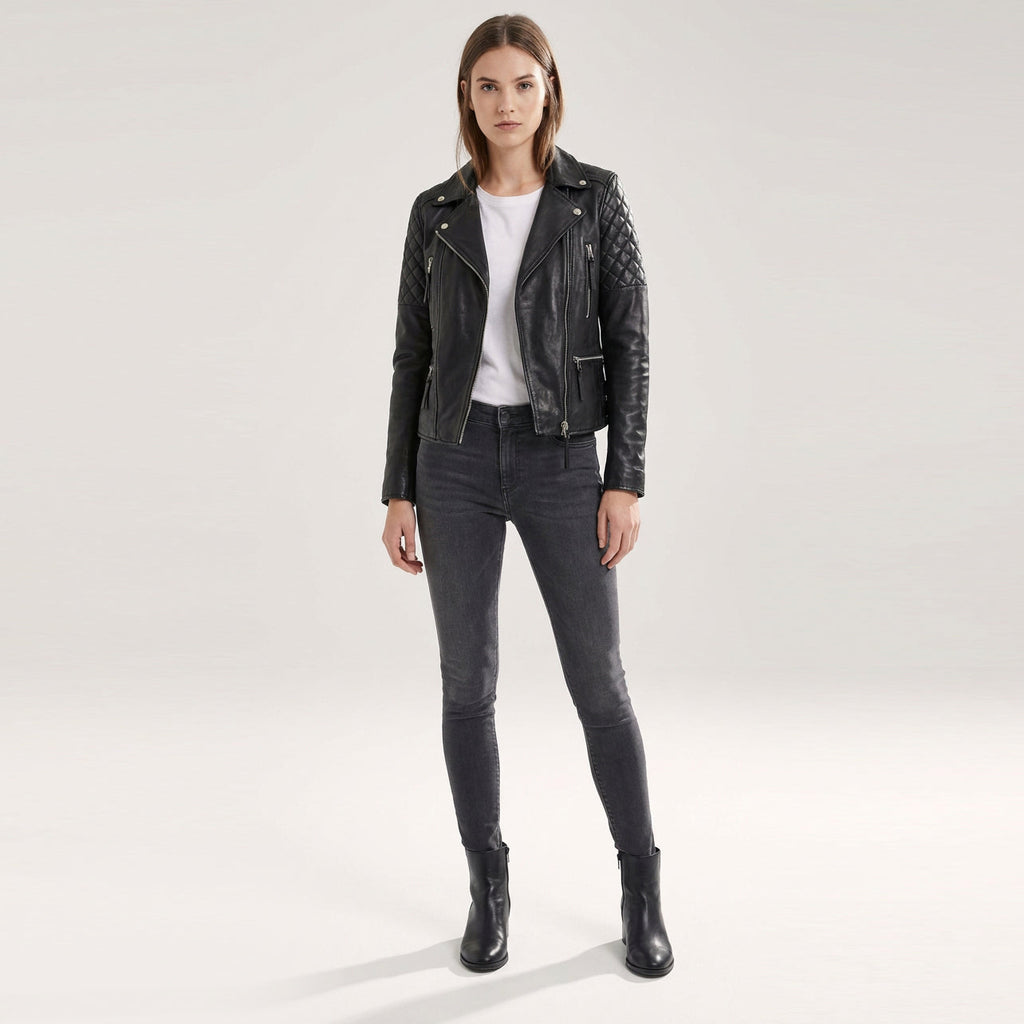 Womens Cross Zip Biker Leather Jacket Claudia Black